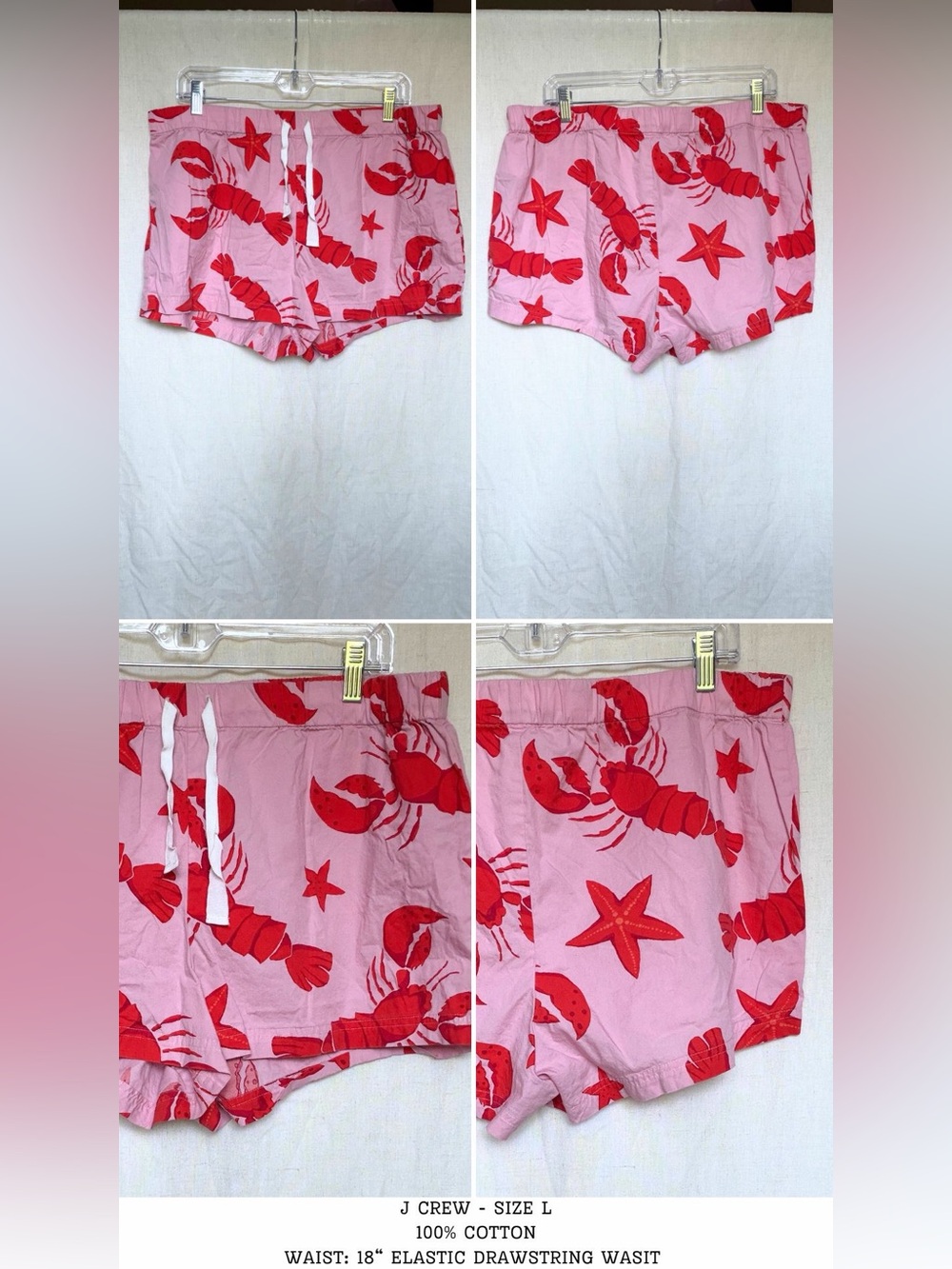 J.Crew Lobster drawstring red and pink lounge boxer shorts 100% cotton size L
